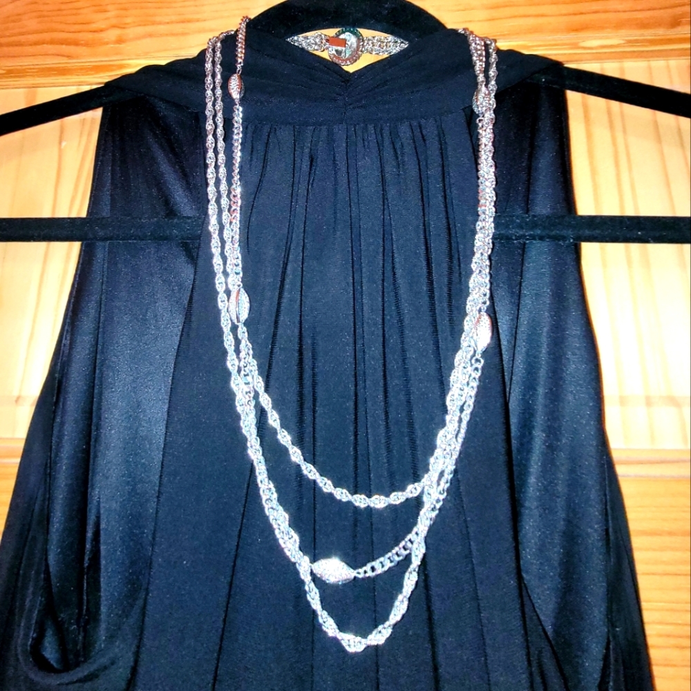Vintage Fancy Snap Clasp Multi-strand Silver Chain Beaded Necklace Retro Beauty